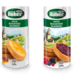 Fette Biscottate Olandesi Classiche in confezione da 125 gr. Hüber. Cotte al forno, friabili e fragranti, sono deliziose accompagnate a creme dolci e salate